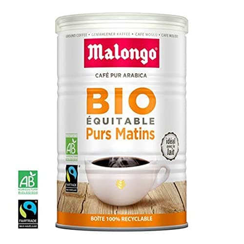 Malongo Purs Matins Coffee. Organic, Fairtrade, Medium Roast Arabica Coffee In A Vacuum Sealed Can with 8.8 Oz. Of Ground Coffee