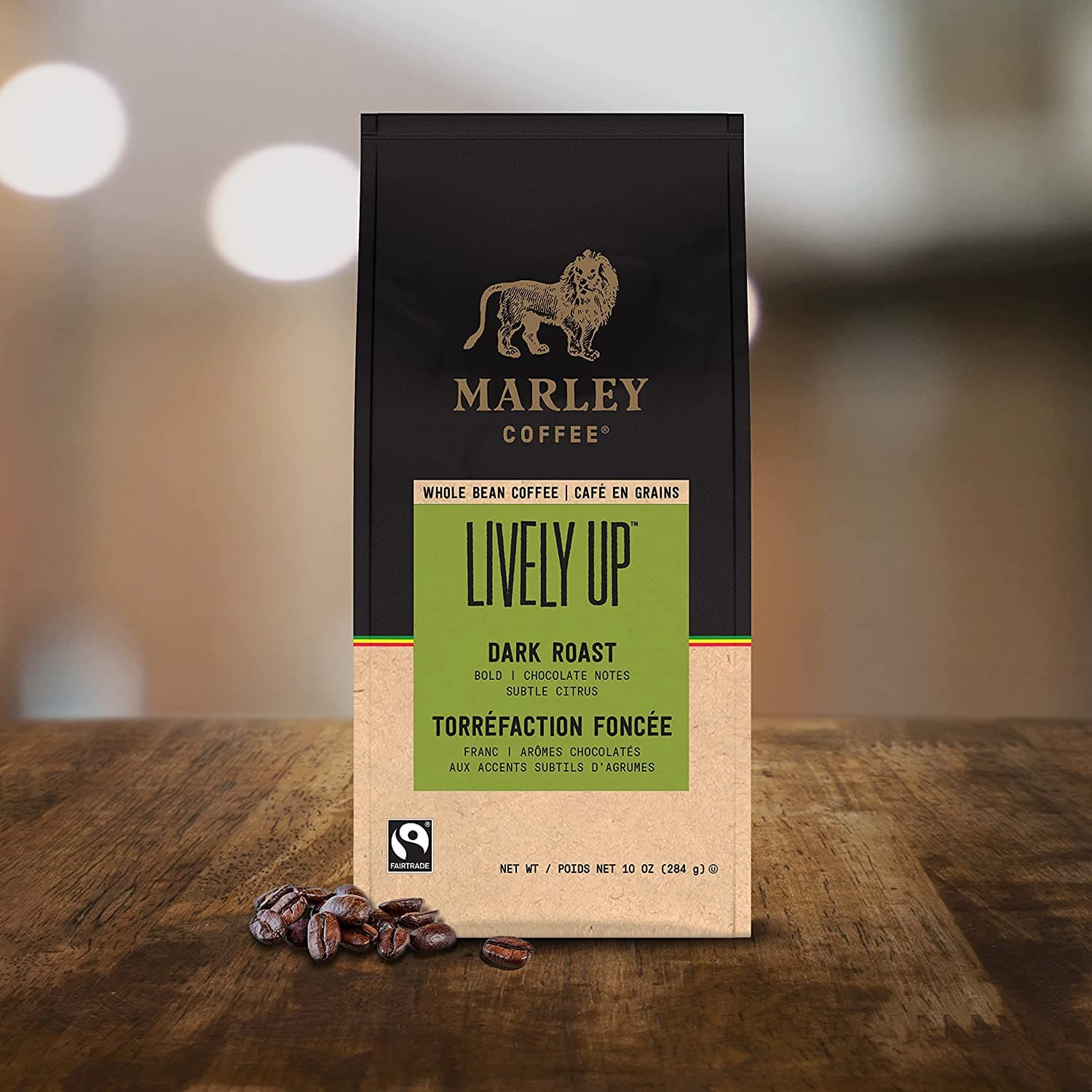 Marley Coffee Lively Up, Fairtrade Certified, Dark Roast, Whole Bean Coffee, 10 Ounce (Pack of 3)
