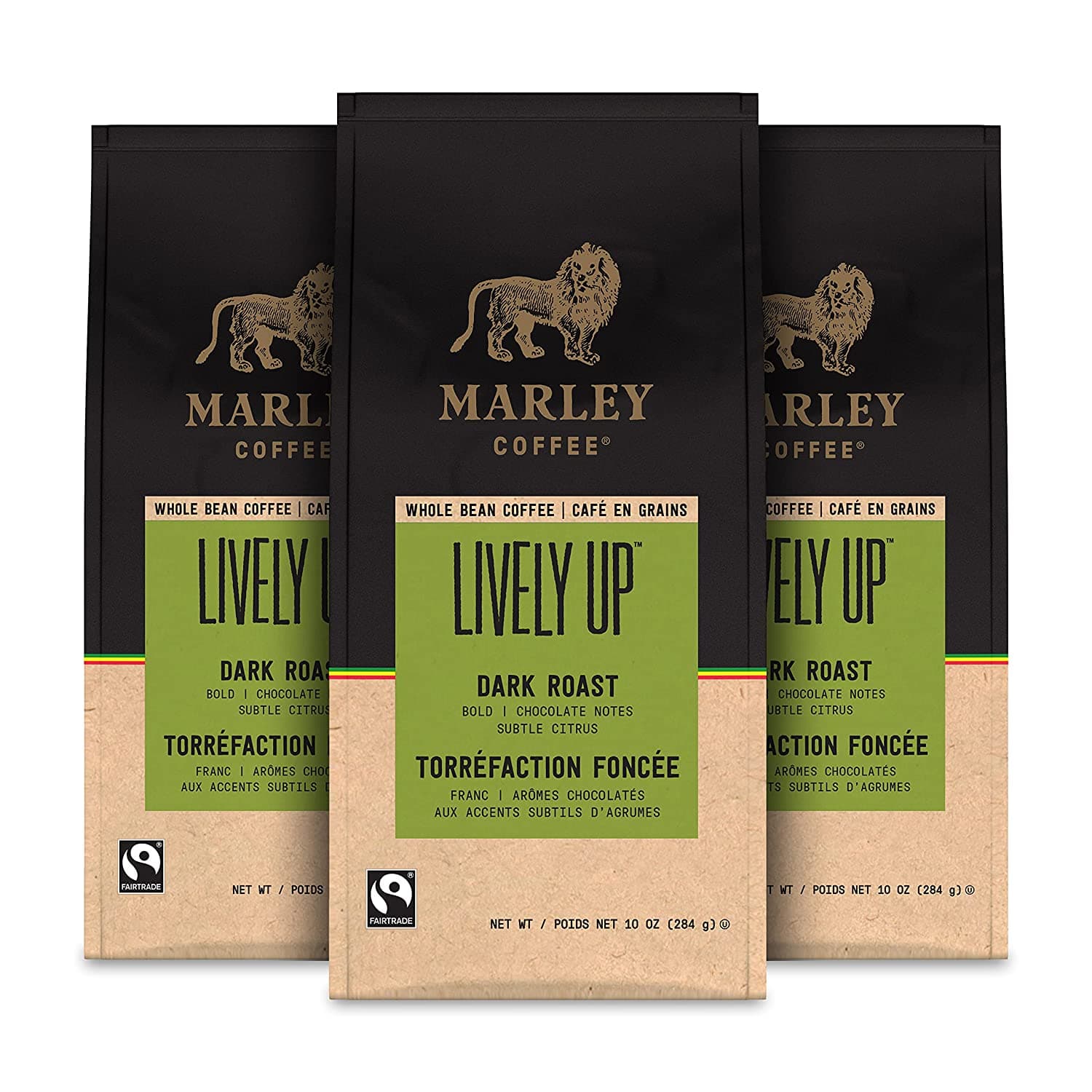 Marley Coffee Lively Up, Fairtrade Certified, Dark Roast, Whole Bean Coffee, 10 Ounce (Pack of 3) 2