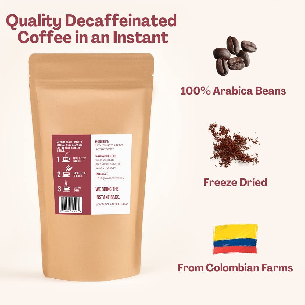 Waka Quality Instant Coffee — Decaffeinated Medium Roast — Arabica Beans & Freeze Dried — 80 Servings Bag for Hot or Iced Premium Instant Coffee 2