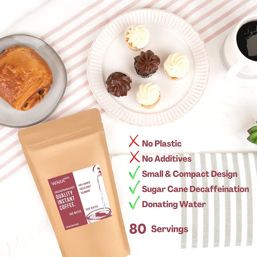 Waka Quality Instant Coffee — Decaffeinated Medium Roast — Arabica Beans & Freeze Dried — 80 Servings Bag for Hot or Iced Premium Instant Coffee 3