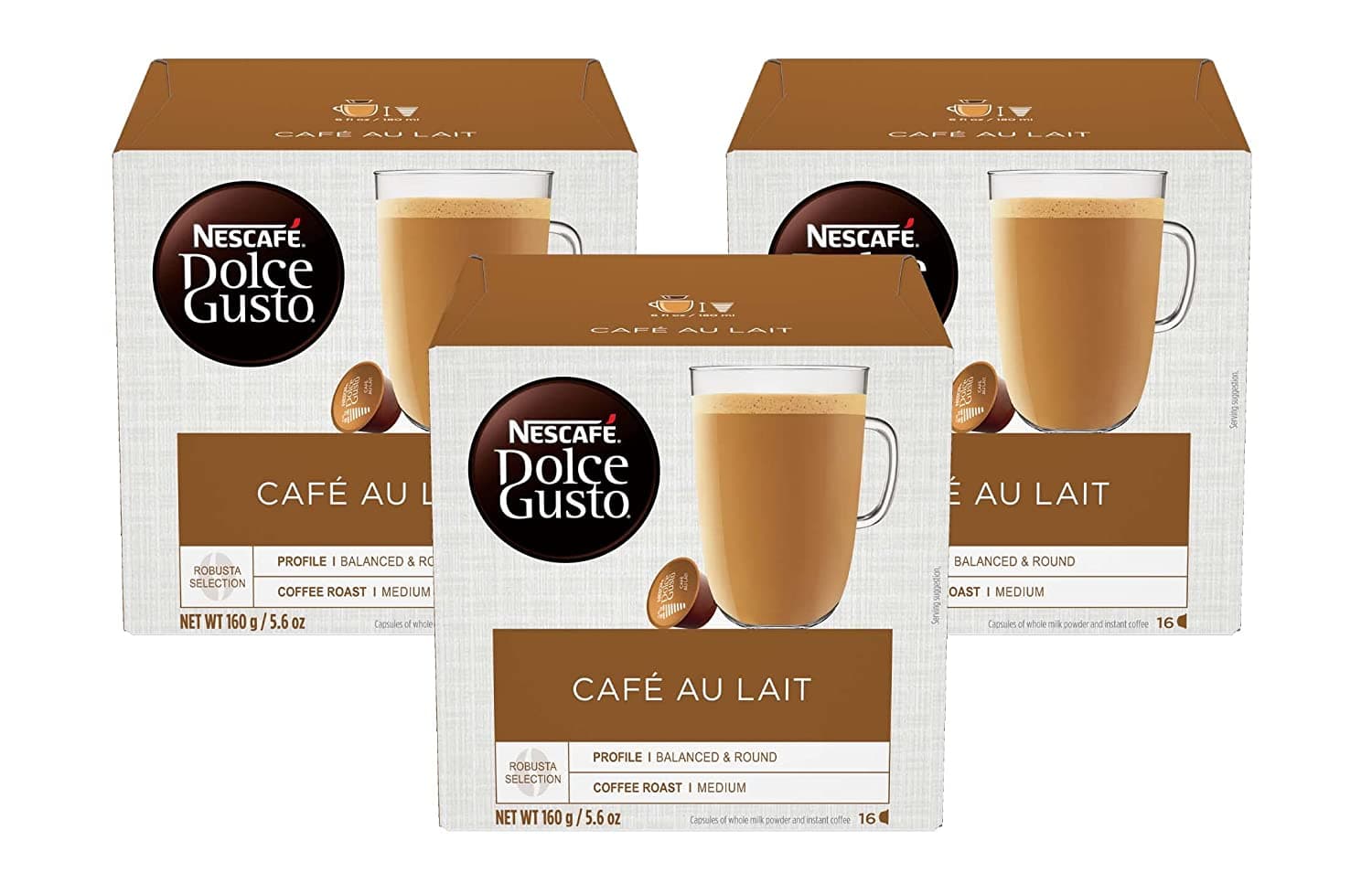 Nescafe Dolce Gusto Coffee Pods, New Release Cafe Au Lait, 16 Capsules (Pack of 3)