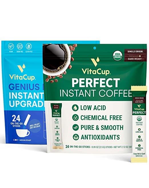 Low Acid Organic Perfect Dark Roast Coffee Sticks & Genius Instant Medium-Dark Coffee