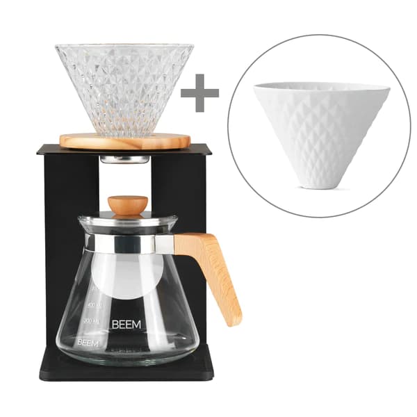 POUR OVER coffee maker set with extra porcelain filter & 10x pointed paper filters